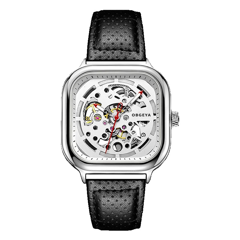 Men's Fashionable Waterproof Skeleton Automatic Mechanical Watch with Square Large Dial