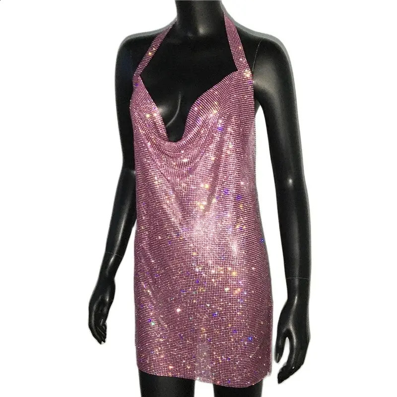 Sexy Backless V Neck Mini Dress For Women Shiny Rhinestone Halter Neck Side Split Sleeveless Dress Party Club Evening Dresses 250106