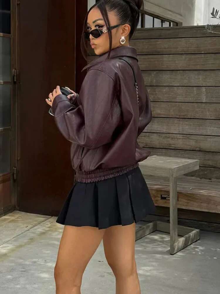 Women's Faux Leather Jacket Vintage Lapel Long Sleeve Zip Pocket Solid Elastic Hem Cropped PU Overcoat Fall Winter New Coat