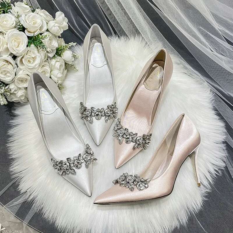 2024 Wedding Crystal Bridal Shoes Champagne Satin Dress Bridesmaid Shoes White High Heels Stilettos