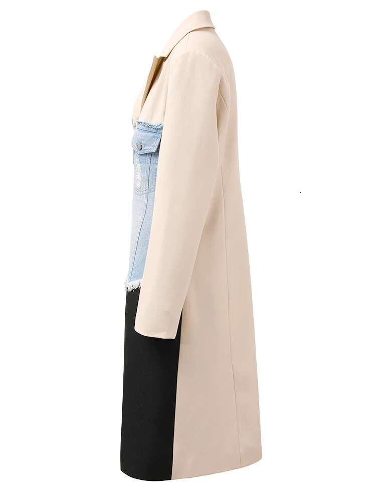 Women Beige Denim Color-Block Elegant Blazer New Lapel Long Sleeve Jacket Fashion Tide Spring Autumn 2025 Cpdb132