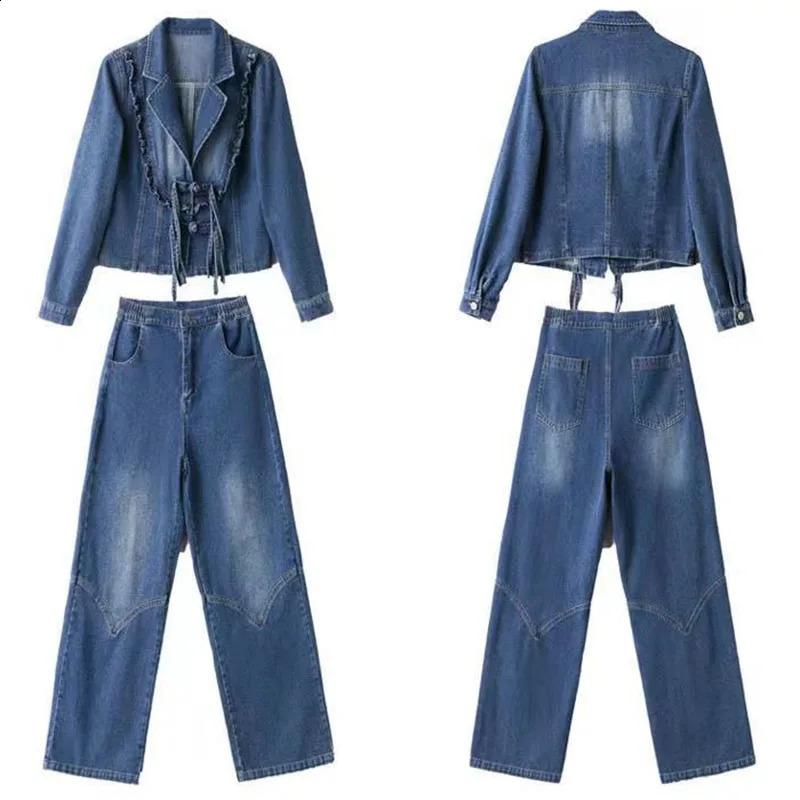 Fashion Womens Denim Wide-Leg Pants Suit Autumn Casual Short Denim Jacket Jeans Two-Piece Suits Female Trousers Sets Blue 250109