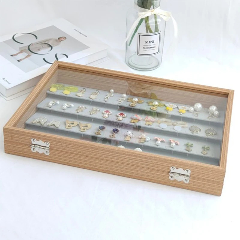 Transparent Lid Jewelry Box Wooden Storage Box Grid Jewelry Tray Showcase Lockable Jewelry Storage Organizer Earrings Necklace 250106