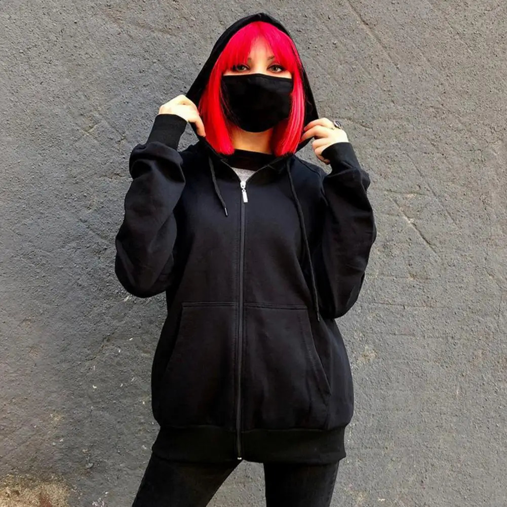 Women Jacket Coat Hooded Drawstring Long Sleeve Zipper Placket Zip-up Unisex Jacket Casual Solid Color Pockets Sweatshirt 250106