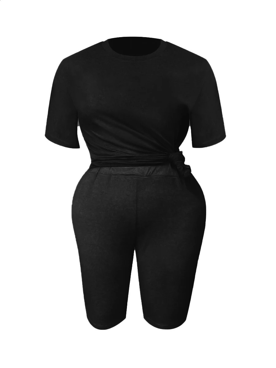 LW Plus Size Summer Womens Suit Short Sleeve Top and Pants Twopiece set Casual women sportswear Slim y250122