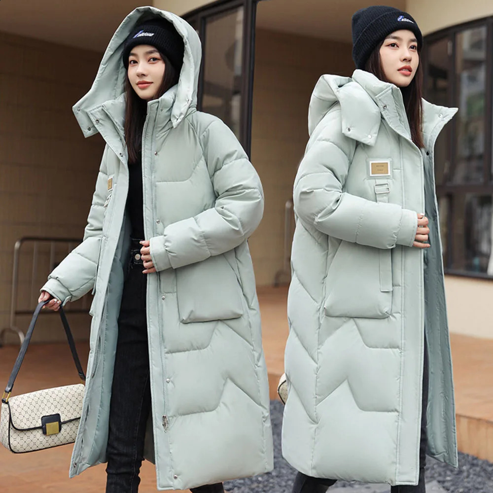 Winter Long Parkas Women Down Padded Coat Puffer Jacket Leather Label Hooded Big Pocket Polyester Fabric Cotton Snow Outwear 250108