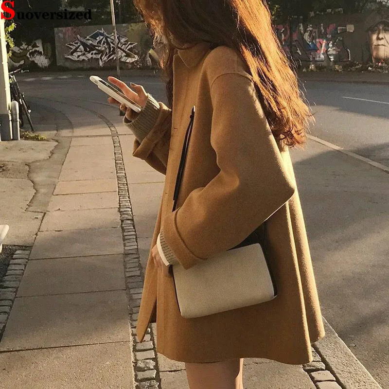 Korean Midlength Woolen Coats Fashion Singlebreasted Outerwear Women Abrigos Spring Autumn Wool Blend Jackets 250107