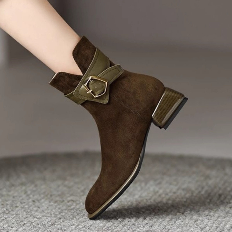 Fashionable Matte Leather Short For Women, Square Toe Spring And Autumn Single Boots, Versatile French Buckle Splicing, Mid Heel Martin Boots