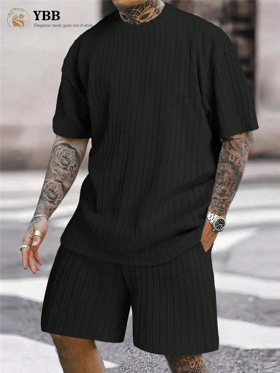 Mens Two Piece Suits Fashion Solid Stripe Shortsleeve Tshirts Shorts Men Spring Summer Clothing Casual Gym Sets Streetwear y250110