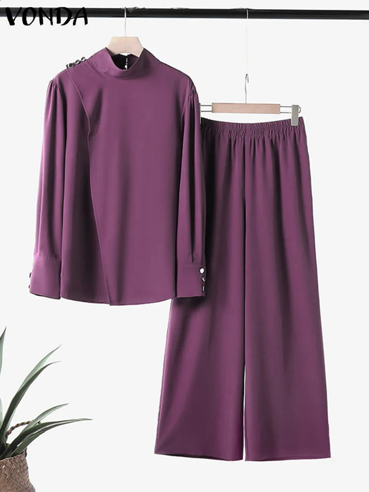 Plus Size VONDA Women Autumn High Neck Suits Solid Color Long Sleeve Matching Sets Elegant Split And Wide Leg Trousers 2PCs y250122