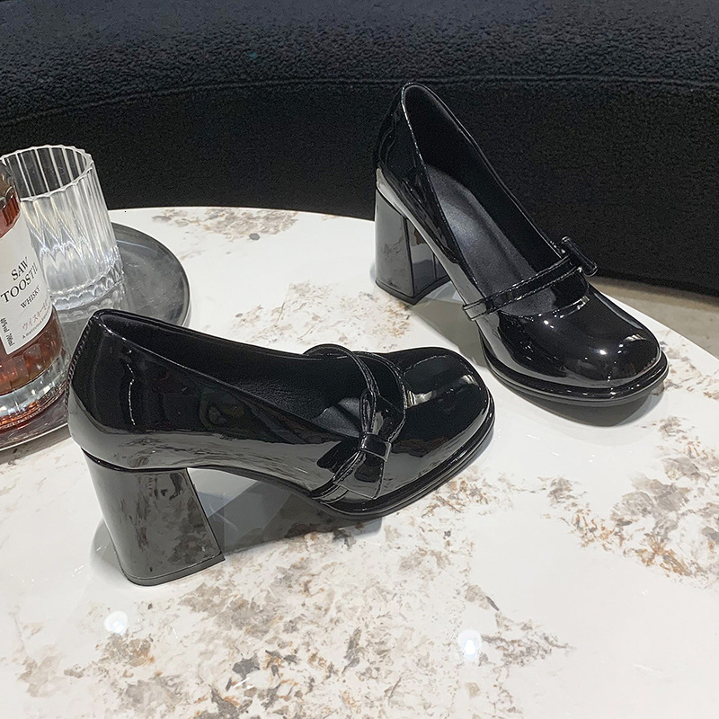 2024 Spring New Butterfly Button Strap Single Sweet French Pink Thick High Heels Mary Jane Shoes Women