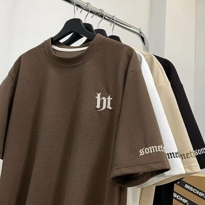 2025 Summer New Letter Embroidered Waffle T-shirt Men's Y2K Retro Street Dress Designer T-shirt Breathable Short Sleeve Round Neck T-shirt