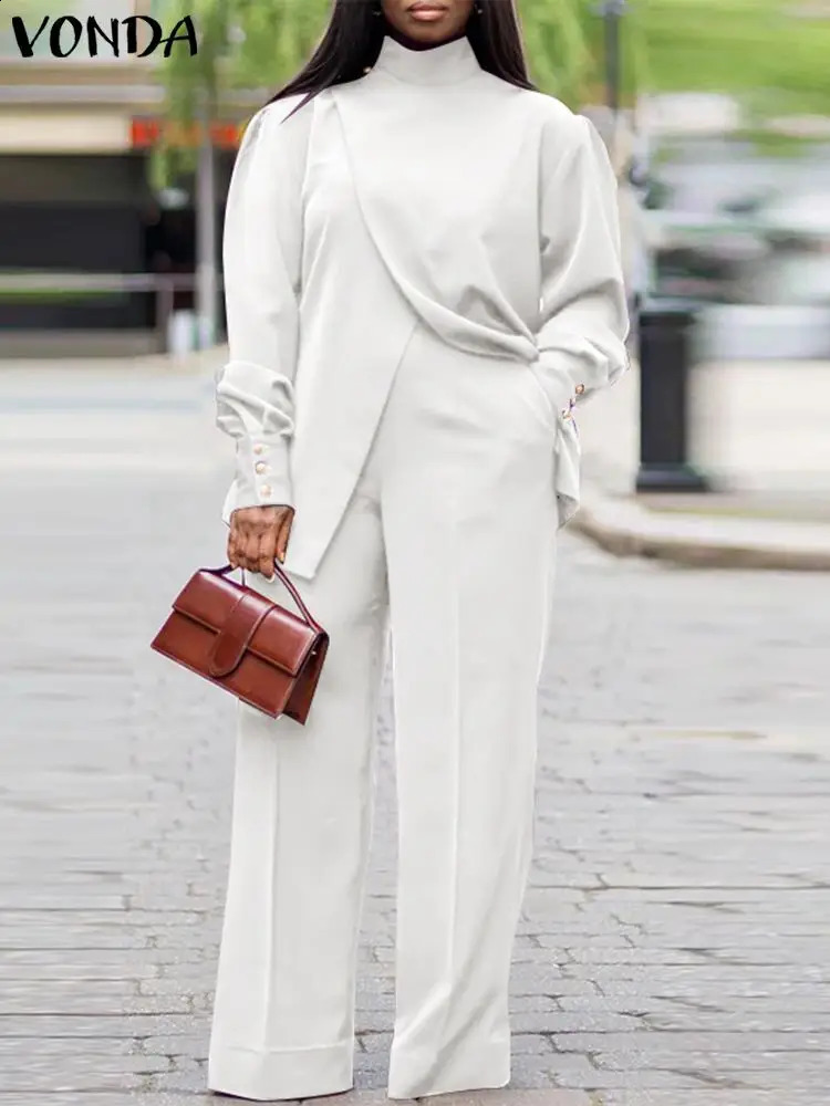Plus Size VONDA Women Autumn High Neck Suits Solid Color Long Sleeve Matching Sets Elegant Split And Wide Leg Trousers 2PCs y250122