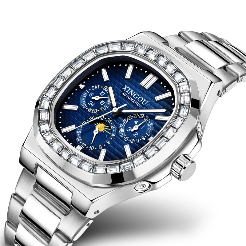 Men's Triple-Eye Six-Needle Multifunction Watch with Tourbillon and Stainless Steel Band