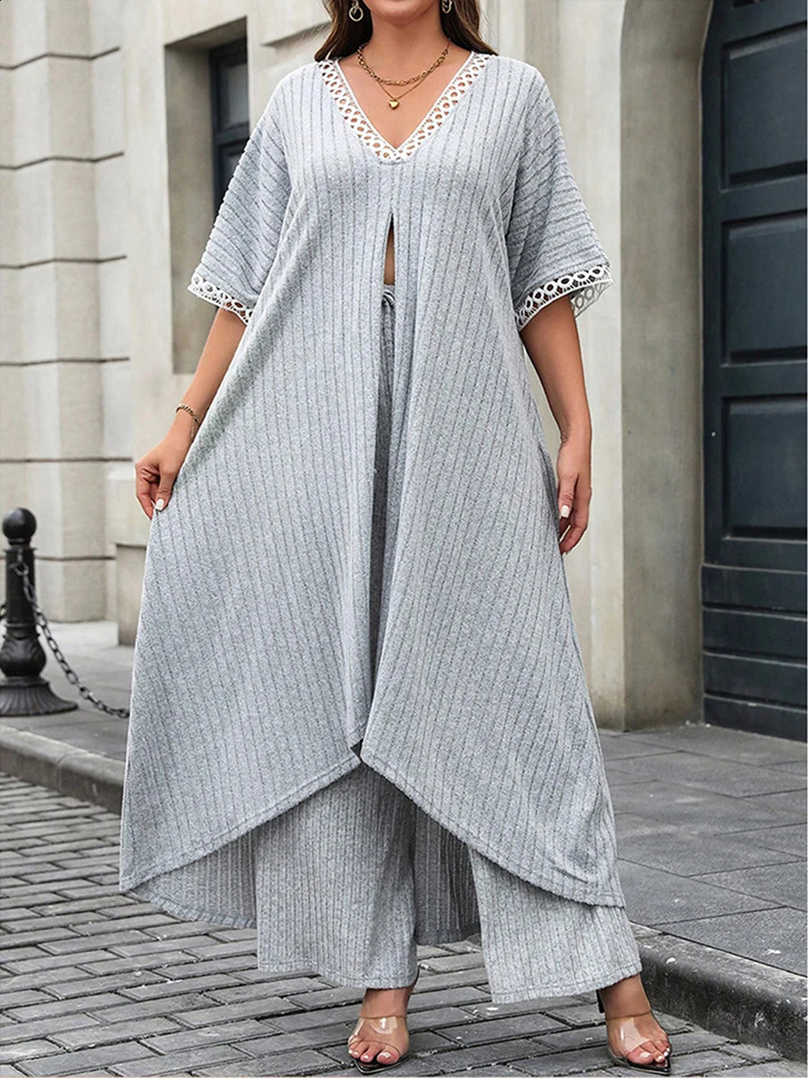 Women Plus Size Outfits Casual Loose Lace Patchwork VNeck Split Long Tops and Elastic Pants Set Streetwear 250106