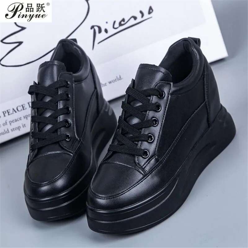 Hidden Heels Women Platform Wedge Sneakers Ladies Leather White BLACK Shoes Female Tenis Feminino Casual 40