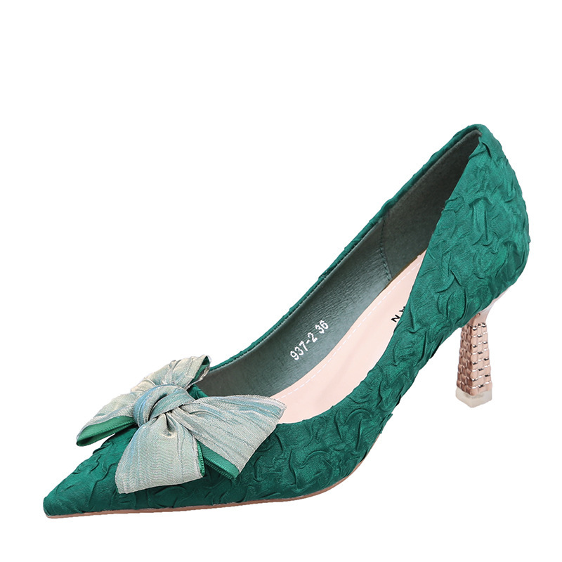 High Heeled 2023 Spring New Korean Version Shallow Mouth Single With Thin Heels And Pointed Bows Women's Shoes