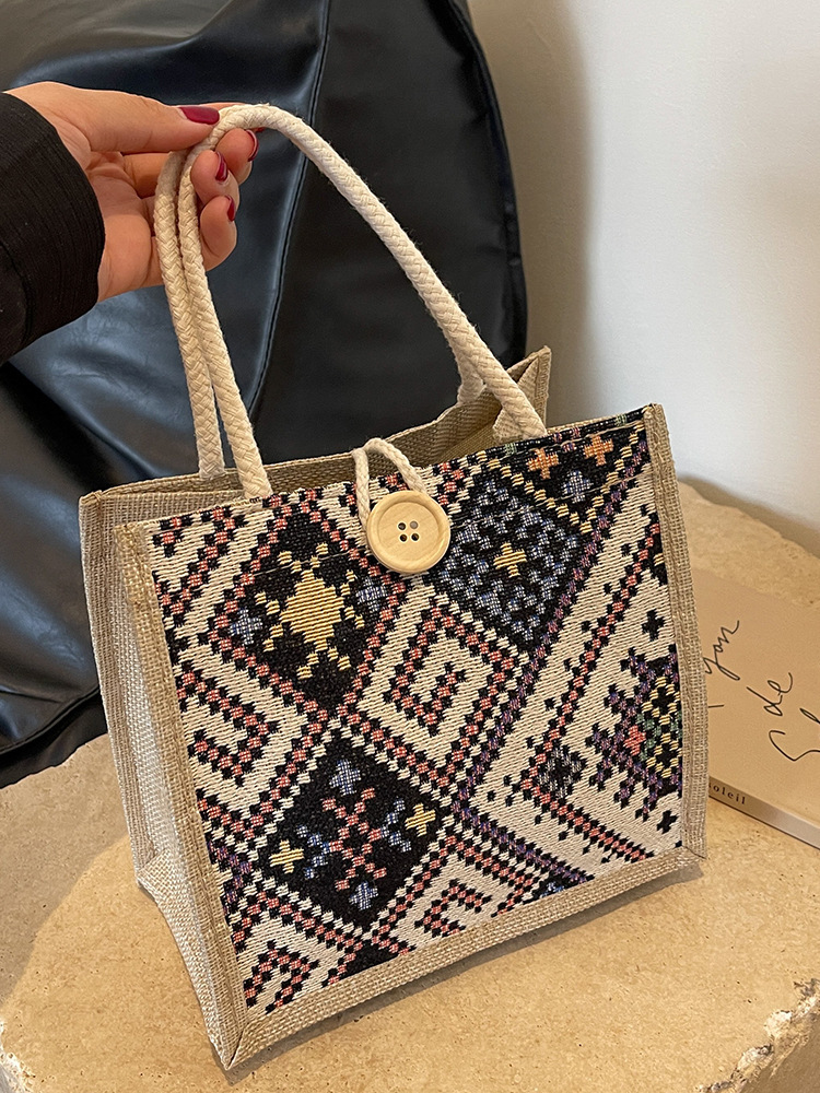 Ethnic Style Canvas Women Designer Handbag In Summer New Fashion For Going Out Portable Linen Lunch Box Bento Bag Hand-held Mommy Bag