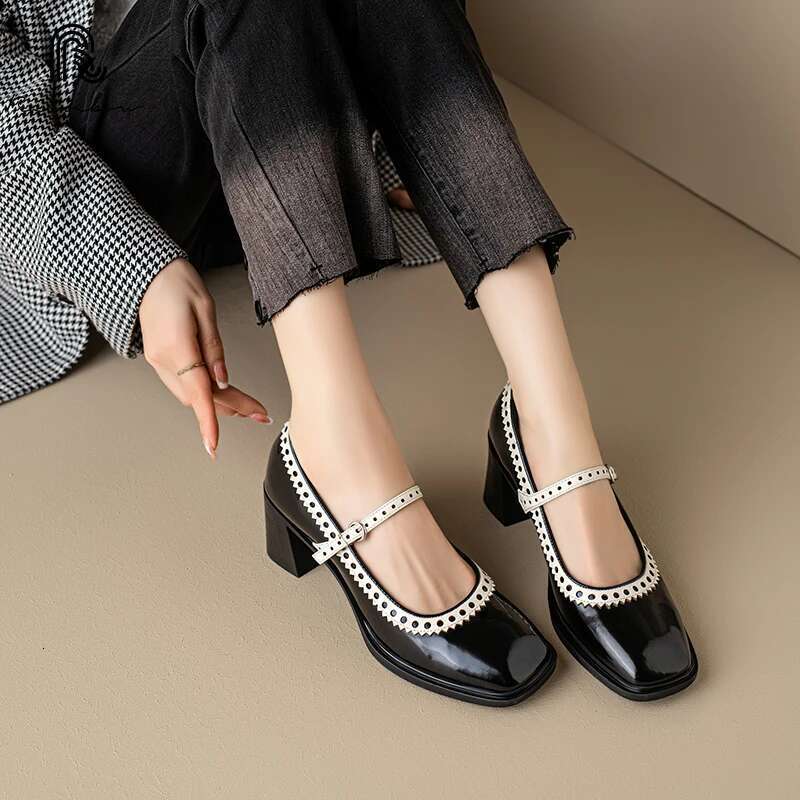 RAINBOW 34-39 Women Mary Jane One Strap French Style Vintage Shoes Spring Atumn Buckle Thick Heeled Pumps Cowhide Retro