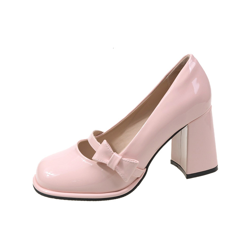 2024 Spring New Butterfly Button Strap Single Sweet French Pink Thick High Heels Mary Jane Shoes Women