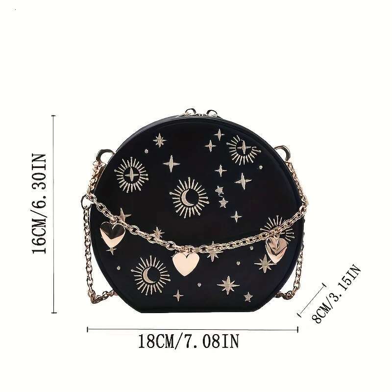 Mini Embroidered Round Chain Heart Decor Crossbody Bag, Star Moon Pattern Circle Purse Valentine's Day Gift