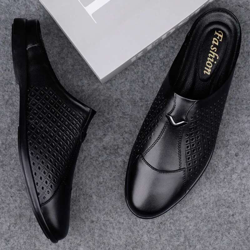 2024 Adult Summer Half Drag Peas Leather Mens Driving Shoes Men's Penny Loafers Men Moccasins Man Mules Tenis Mascuo White