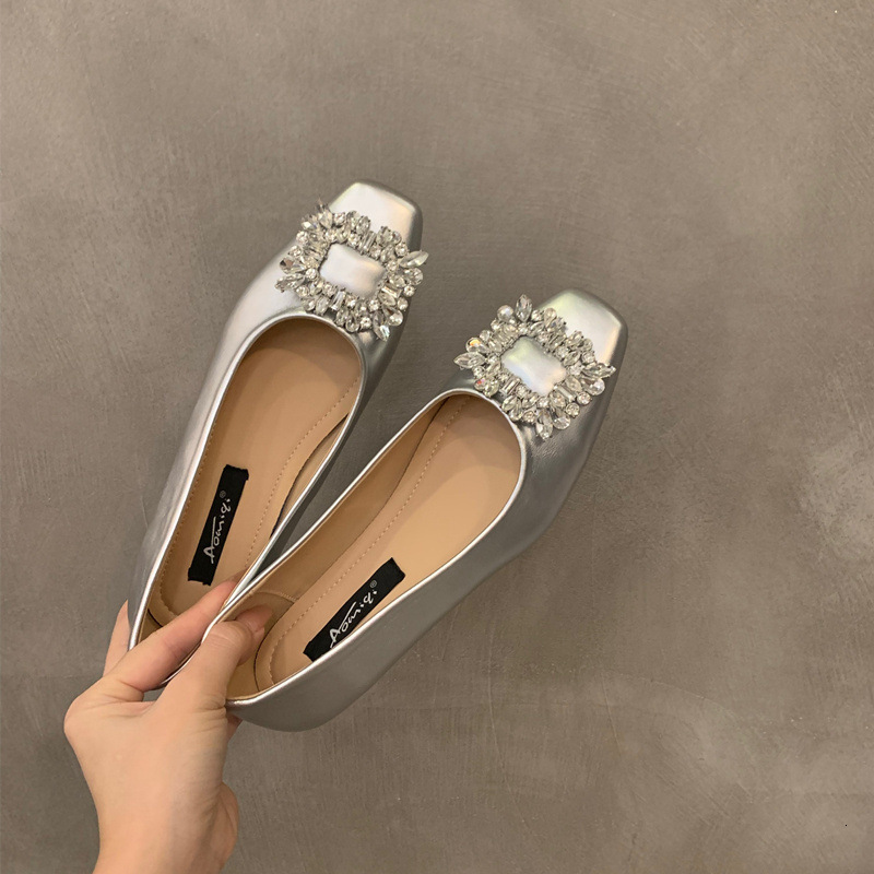 Flat Bottomed Silver High-End Square Toe Rhinestone Single Shoe For Women, 2025 New Summer Black Commuting Bean Shoes