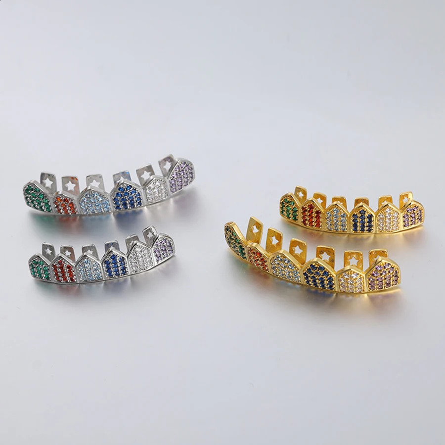 Punk HipHop Micro Pave Zircon Teeth For Men Iced Out Bling Top Bottom Cubic Zirconia Grills Caps Set Dental Jewelry Gifts 250107