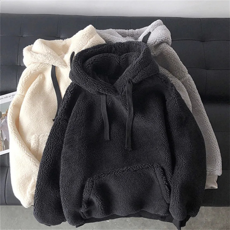 Lamb Wool Hoodies Womens Autumn Winter Korean Style Loose Hooded Sweatshirts Long Sleeve Pullover Patch Pocket Warm Jacket 250106