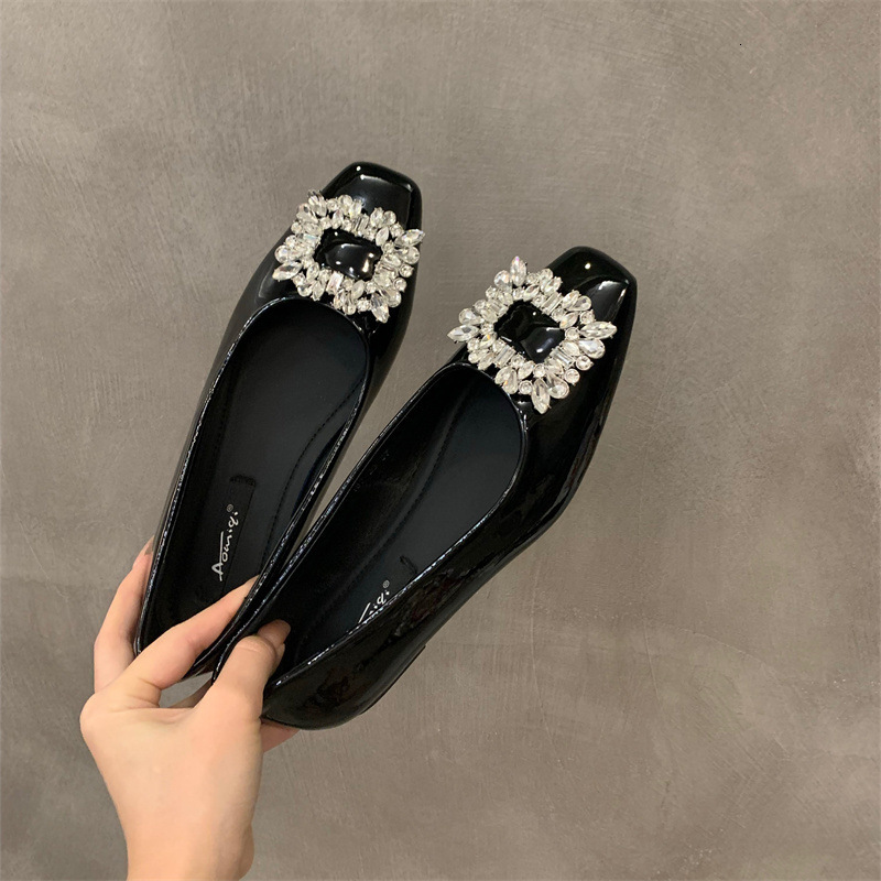 Flat Bottomed Silver High-End Square Toe Rhinestone Single Shoe For Women, 2025 New Summer Black Commuting Bean Shoes