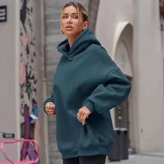 Winter Solid Color Hoodie Hip Hop Plush Hooded Sweatshirts Oversized Pullover Harajuku Casual Hoodies Tracksuit Women Sports Top 250106