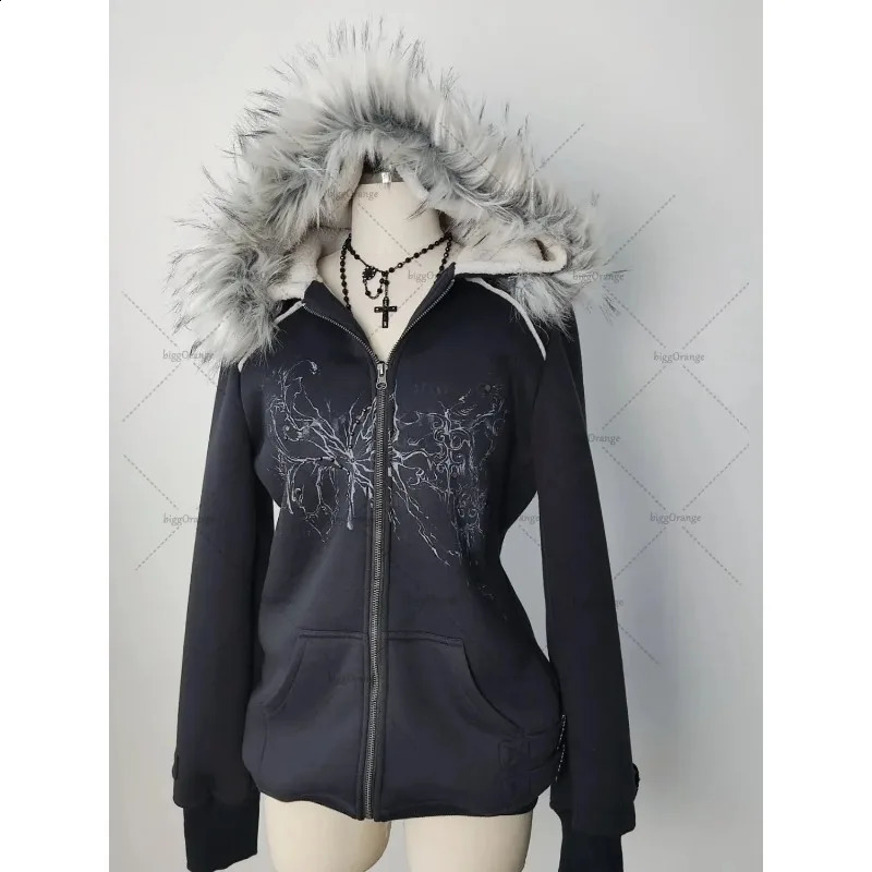 American Gothic geometric pattern fur collar high quality zipper hoodie women Y2K grunge clothing sexy nightclub slim sweatshirt 250106