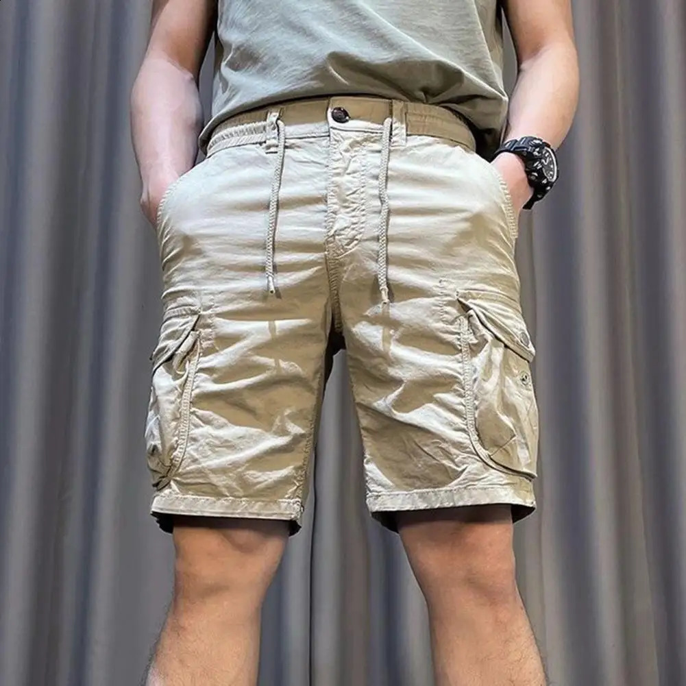 Durable Men Shorts Elastic Waist Mens Cargo Adjustable Drawstring Reinforced Pockets Straight Leg for Beach or Casual 250103