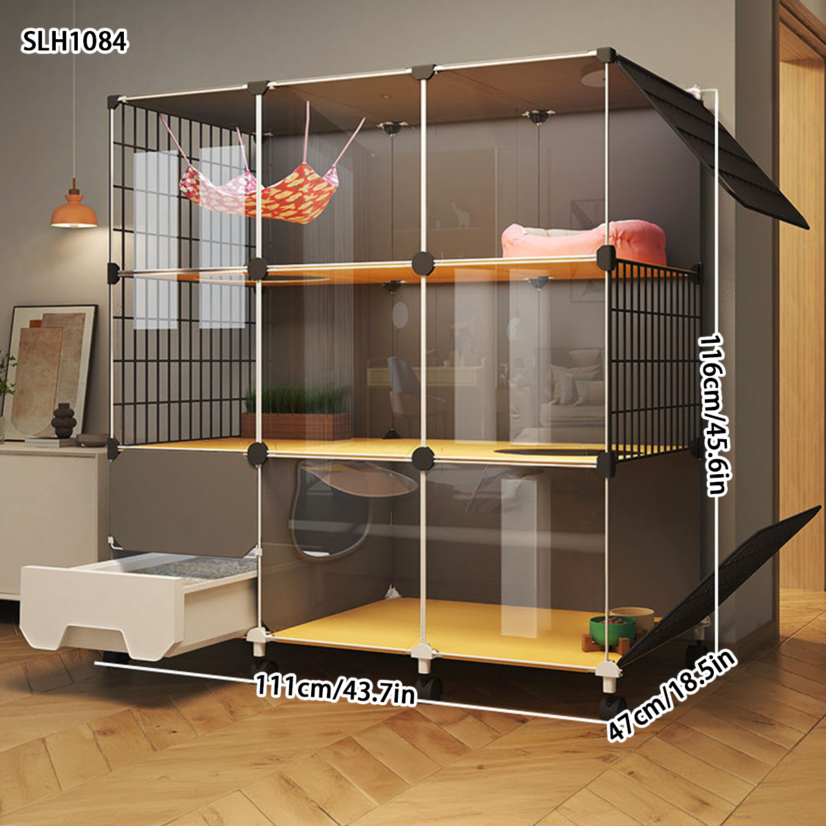 Cat Condo for Home - Large Roomy Cat Crate with Built-in Litter Pan and Scratching Post