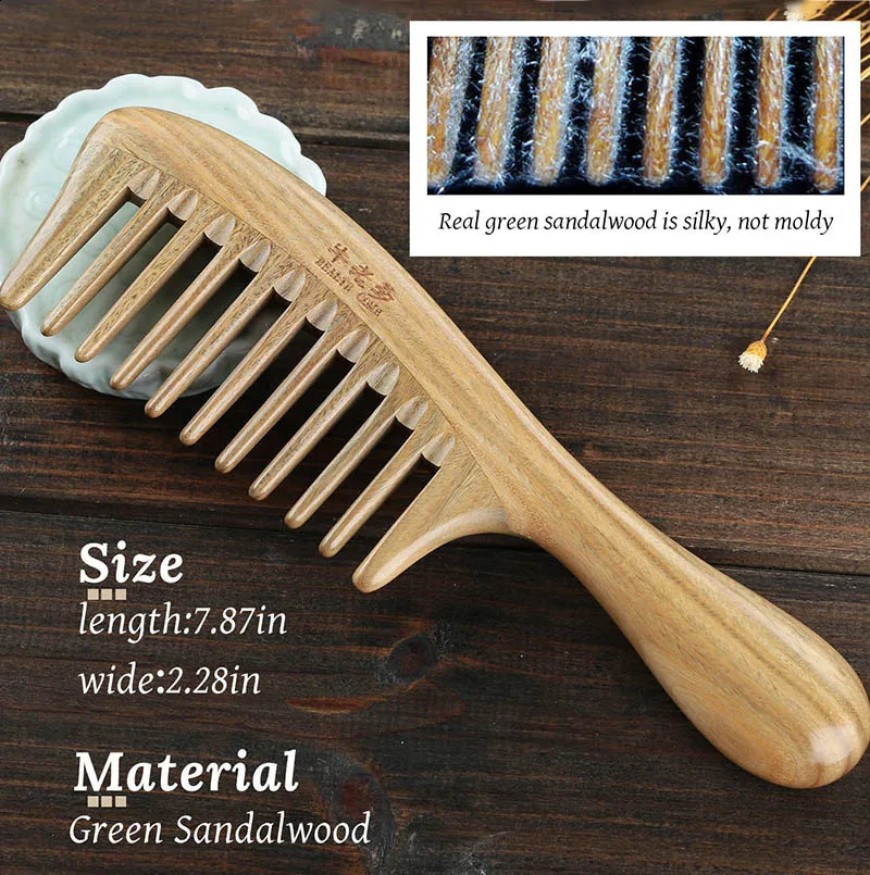 Handmade Natural Green Sandalwood Hair Brush Wooden Combs Static Scent Detangler Wide Tooth 1 Piece 250106