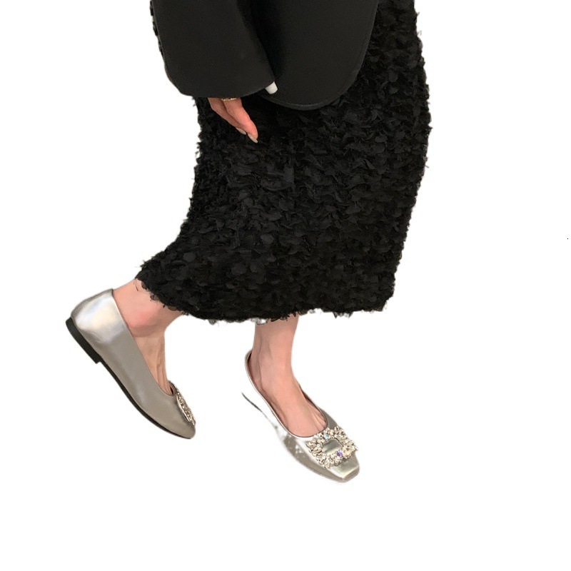 Flat Bottomed Silver High-End Square Toe Rhinestone Single Shoe For Women, 2025 New Summer Black Commuting Bean Shoes