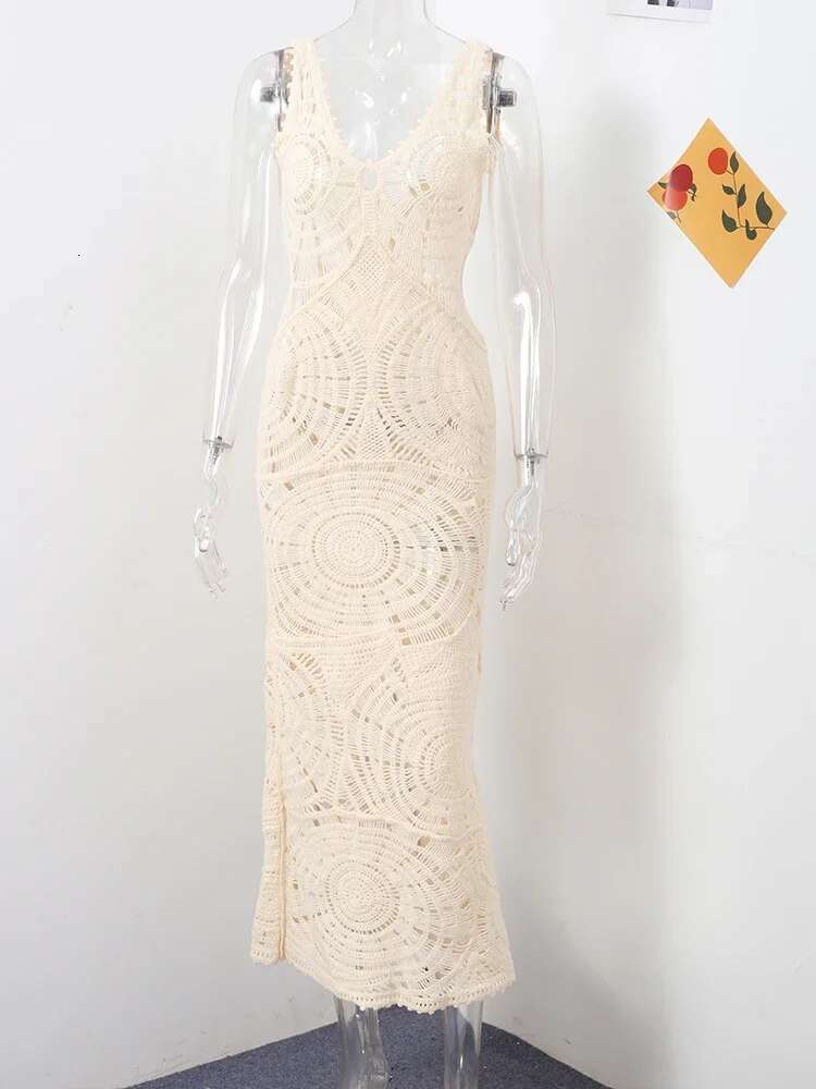 Hollow Out Chic Maxi Dress Women Sexy V-Neck Sleeveless Backless Slim Knit Dresses 2025 Summer Vacation Beach Vestidos