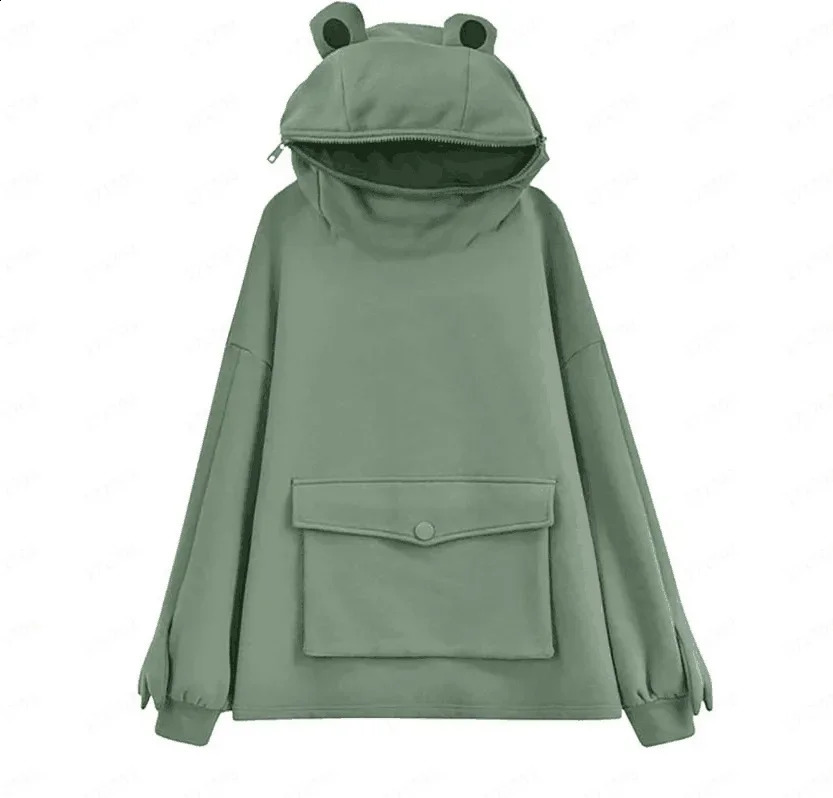Mori Women Spring Autumn Thick Loose Sweatshirt Kawaii Frog Casual Hooded Hoodies Kangaroo Pocket Pullover Top 250106