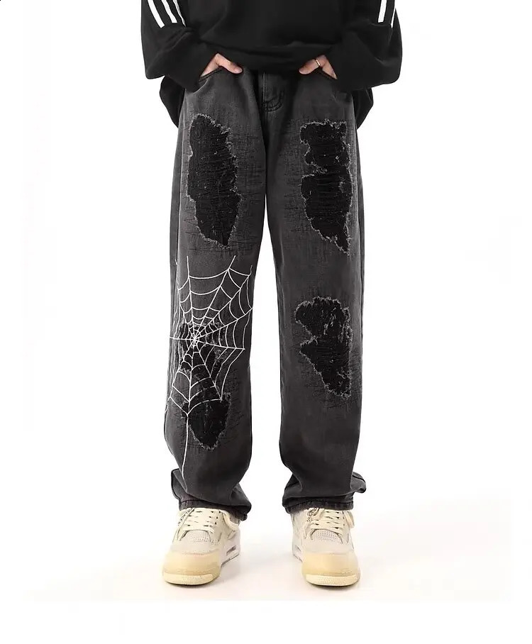 y2k Jeans Mens Spider Web Printed Pants American Vintage Hip Hop Style Casual Loose Aesthetic Straight High Street Wide Leg Pan 250109