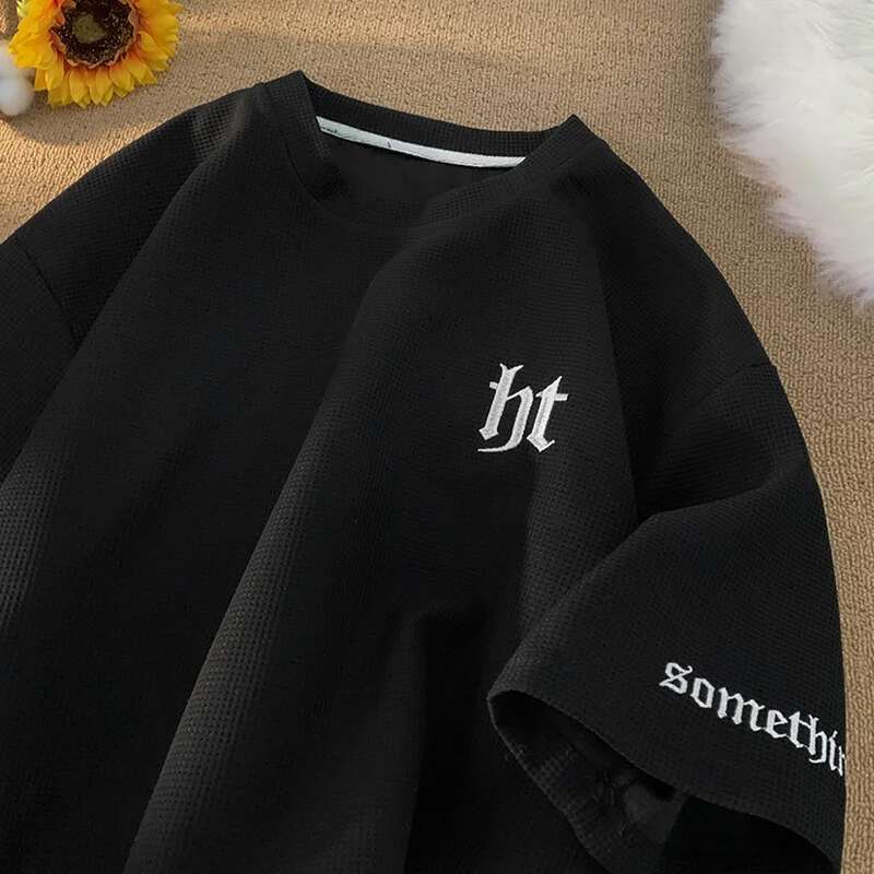 2025 Summer New Letter Embroidered Waffle T-shirt Men's Y2K Retro Street Dress Designer T-shirt Breathable Short Sleeve Round Neck T-shirt