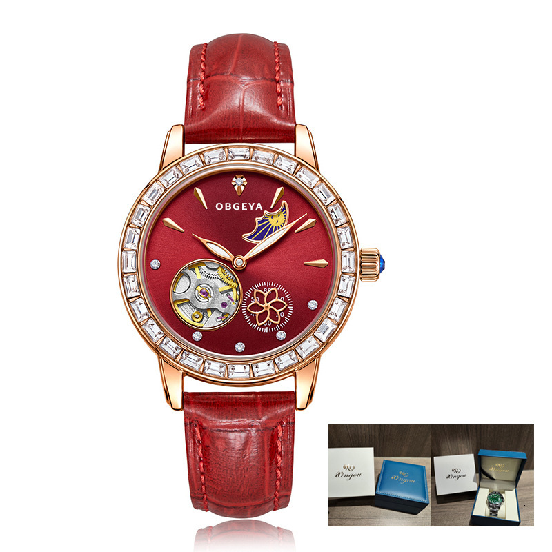 Birthday Gift: Elegant Diamond-Encrusted Mechanical Ladies' Watch with Night Glow Leather Strap