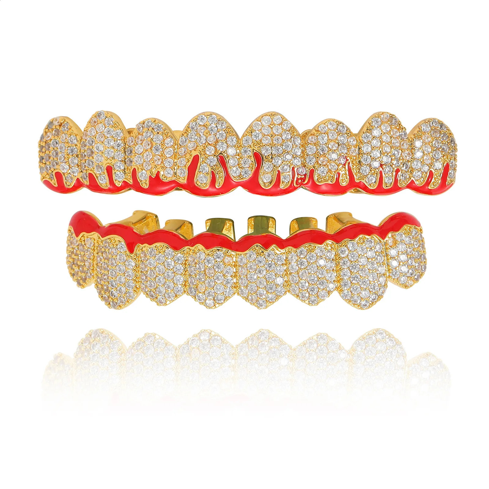 CZ Teeth Caps Red Drip Oil Cubic Zircon Iced Out Micro Pave Top Bottom Charm Grills For Men Women Jewelry Xmas Gift 250107