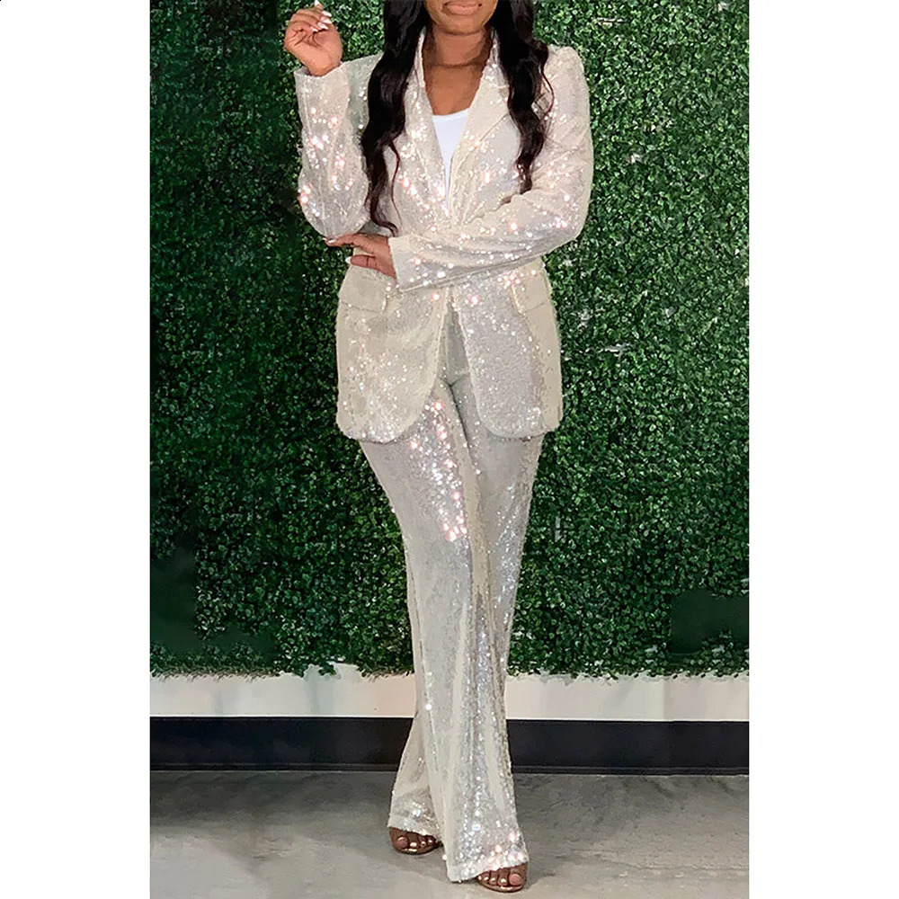 Plus Size Cocktail Party Pant Set White Sequin Lapel Long Sleeve Blazer Suit Two Piece 250106