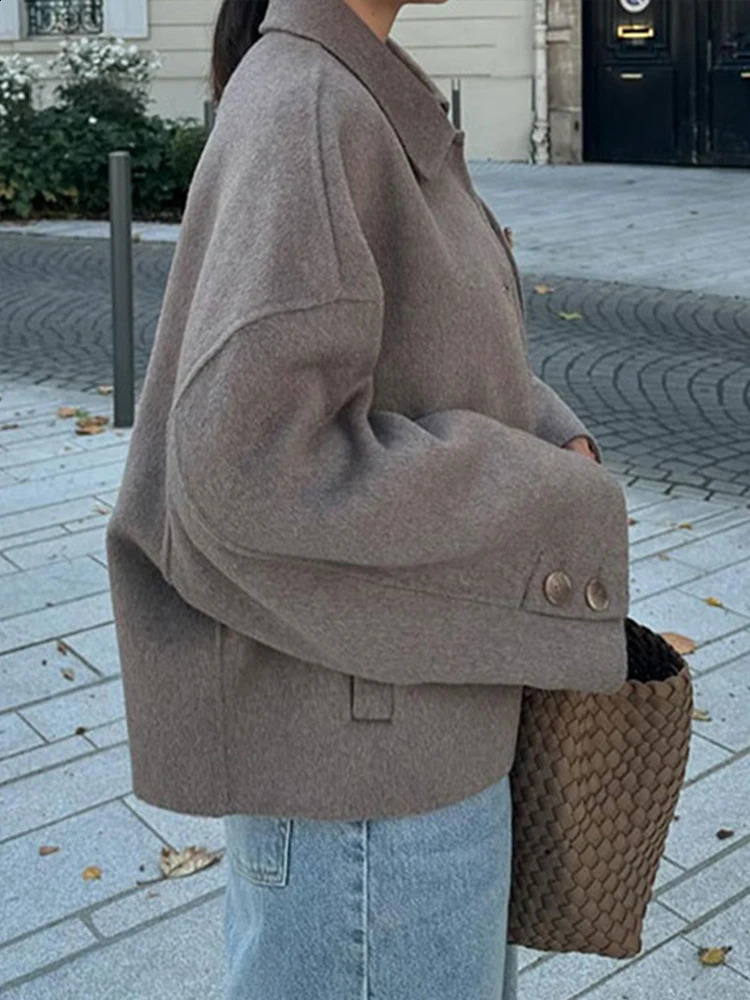 Fashion Lapel Wool Blends Jackets Woman Solid Long Sleeve Single Breasted Quilted Female Coat Autumn Street Outerwears 250109