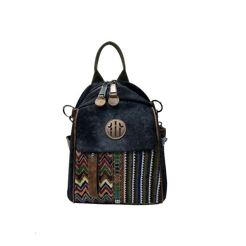 Student Retro Fashion Embroidered Denim Multi Purpose Travel Backpack Cross Shoulder
