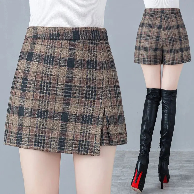 Short Plaid Fashion Winter Vintage Cargo Thick Wool Basic Trouser Loose Shorts Feminino V17 250107