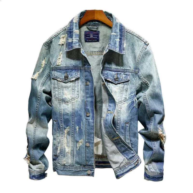 Mens Retro Ripped Denim Jacket Fashion Washed Top Outerwear 250110Z