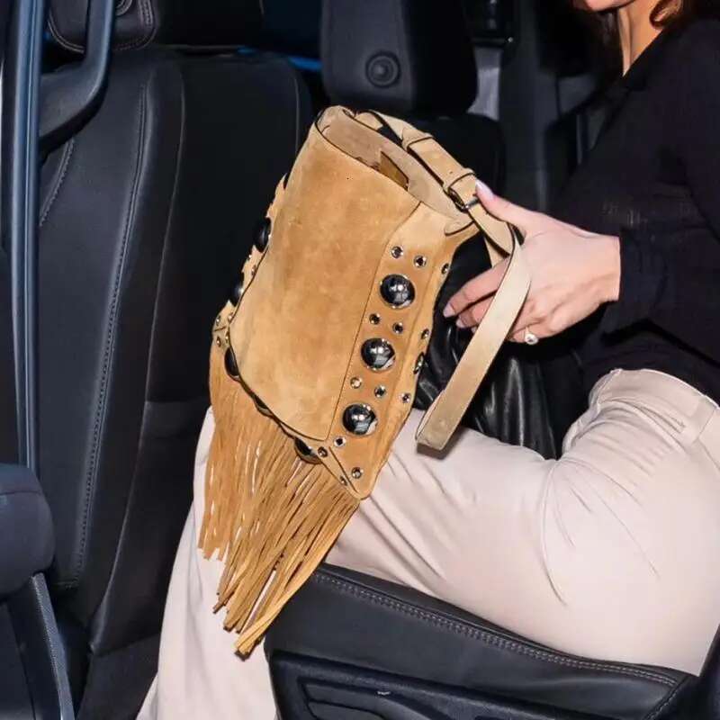 New Frosted Suede Tassel Square Shoulder Bag With European / American Fashion Personality, Motorcycle Style Rivet Crossbody Bags