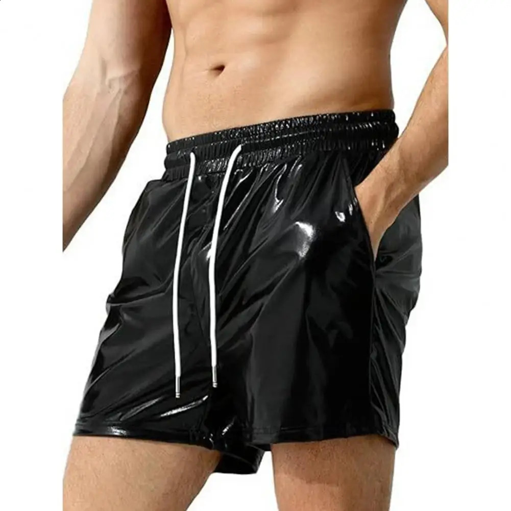 2024 Men Glossy Surface Shorts Elastic Waist Adjustable Drawstring Wide Leg Beach Casual Short Pants Streetwear 250103