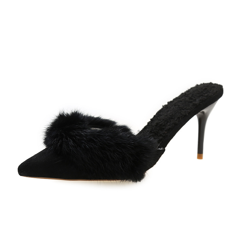 Women Slippers Fleece Spring Warm High Heel Fashion Outerwear Versatile Pointed Toe Triple Black White Pink Free shipping